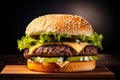 Juicy burger with melted cheese, crisp lettuce, and tangy pickles served on a sesame seed bun Royalty Free Stock Photo