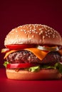 Juicy burger on a red background, space for text