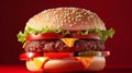 Juicy burger on a red background, space for text