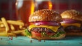 Juicy burgers with fries and craft beer in retro diner setting