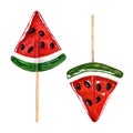 Juicy caramel watermelon slices with chocolate seeds. Fruit candy on stick, bonbons, lollipop, sugar caramels. Watercolor