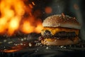 Juicy cheeseburger with a fiery backdrop