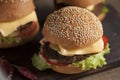 Juicy cheeseburger on a wooden board on a dark background,