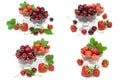 juicy cherries and strawberries in glass bowls on white background Royalty Free Stock Photo