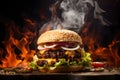 Juicy Chicken, Beef Cheese Burger in a grill smoking background - blend of juicy chicken and savory beef patties and cheese