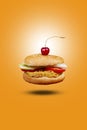Juicy CHICKEN BURGER flying , hamburger or cheeseburger with one chicken patties. Concept of American fast food. Copy space