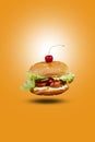 Juicy CHICKEN SAUSAGE BURGER BURGER flying , hamburger or cheeseburger with one chicken patties. Concept of American fast food.