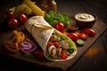 juicy chicken shawarma wrap, topped with fresh vegetables and sauce