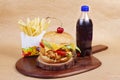 Juicy CHICKEN ZINGER WHOPPER BURGER, hamburger or cheeseburger with one chicken patties, with sauce, french fries and cold drink