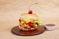 Juicy CHICKEN ZINGER WHOPPER BURGER, hamburger or cheeseburger with one chicken patties, with sauce, french fries and cold drink