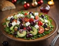 Christmas Greek Salad in a wooden bowl. Generative AI Royalty Free Stock Photo