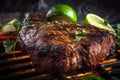 Juicy Churrasco steak sizzling on a hot grill, garnished with fresh herbs and sliced limes