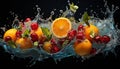 Juicy citrus slice falling, splashing in transparent, refreshing flowing water generated by AI