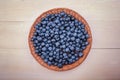 Juicy colorful blueberry in a wooden crate, close-up. Healthy, ripe, raw and bright dark blue berries on a wooden background. Royalty Free Stock Photo