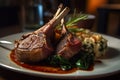 Juicy and delicious lamb from the grill. A tempting cuisine and beautiful culinary art. Generative AI