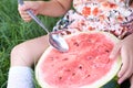 Juicy, red, delicious, sweet watermelon. Great berry. Bright green grass.