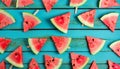 Juicy Delight: Refreshing Watermelon Slices on Blue Wooden Background AI-Generated Food Royalty Free Stock Photo