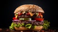 juicy fast food burger double meats, stacked with fresh vegetables and condiments on black