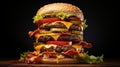 juicy fast food triple meats burger stacked with beef, cheese, bacon, and veggies on black