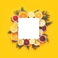 Juicy flat lay with slices of orange, lemon, lime and herbs. Happy yellow summer background, citruses, vitamins concept. Top view Royalty Free Stock Photo