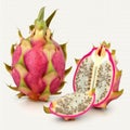 Juicy fresh appetizing beautiful pitahaya fruit and slice isolated on white