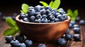 Juicy and fresh blueberries with green leaves on rustic table. Bilberry on wooden Background. Blueberry antioxidant. Generative AI