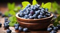 Juicy and fresh blueberries with green leaves on rustic table. Bilberry on wooden Background. Blueberry antioxidant. Generative AI