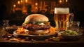 Juicy fresh burger with fries, sauces and a glass of fresh light beer on a wooden table in a cozy restaurant. Royalty Free Stock Photo