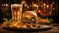 Juicy fresh burger with fries, sauces and a glass of fresh light beer on a wooden table in a cozy restaurant. Royalty Free Stock Photo