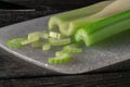 Juicy fresh celery stalks cutting into slices. Chopped green celery stalks lying on a cutting board on a dark gray