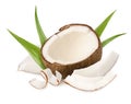 Juicy fresh coconut flesh slices and green leaves isolated on white background Royalty Free Stock Photo