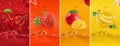 Juicy and fresh fruit. Cherry, strawberry, mango, banana. Dew drops and splash. 3d vector set. High quality 50mb eps