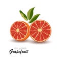 Juicy fresh half of grapefruit with leaves isolated on a white background Royalty Free Stock Photo