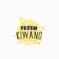 Juicy Fresh Kiwano Badge, Label or Logo Template. Hand Drawn Fruit Sketch with Playful Typography. Premium Exotic Food