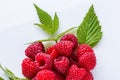 Juicy fresh natural raspberries on white acrylic background