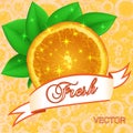 Juicy fresh orange background with leaves and ribbon.Vector Royalty Free Stock Photo