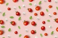 Juicy fresh organic tomatoes pattern with cheese and basil. Royalty Free Stock Photo