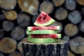 Juicy fresh red watermelon on the table. Watermelon sliced into pieces on a wooden texture background. Royalty Free Stock Photo