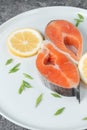 Juicy fresh salmon steak in a white plate with onion lemon and spices on a natural slate stone table close-up Royalty Free Stock Photo