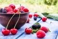 Juicy fresh tasty berries raspberries, cherries, mulberries in a bowl on blue boards on a background of green grass Royalty Free Stock Photo