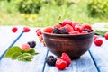 Juicy fresh tasty berries raspberries, cherries, mulberries in a bowl on blue boards on a background of green grass Royalty Free Stock Photo