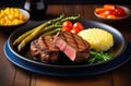 Juicy fried steak, with vegetables and asparagus Royalty Free Stock Photo