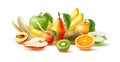 Juicy fruit. 3D appetizing fresh pear, bananas and apples. Whole and half peach. Vitamin kiwi and orange. Realistic