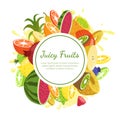 Juicy Fruits Banner Template, Fresh Bright Splashing Fruit and Berries of Round Shape with Space for Text Vector