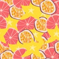 Juicy fruits: grapefruit, carambola, passion fruit. Vector element of seamless pattern