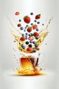 Juicy fruits with honey fall into a cup of hot tea. Fruit drink illustration. Tea splash over glass cup. Advertising illustration.