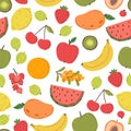 Juicy fruits pattern. Bright fruit texture, berries mix print. Fresh trendy vitamin background, summer tropical food Royalty Free Stock Photo