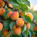 Juicy fruits on the tree, apricots in the garden.