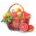 Juicy Grapefruits In Wicker Basket - Watercolor Illustrations