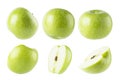 Juicy green apples collection, whole and cut on half with tails, seeds, different sides isolated on white background.